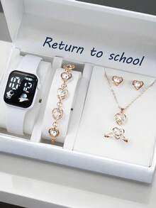 6/1pc Fashionable & Minimalist Cute Digital Display Watch And Jewelry Set (Necklace, Bracelet, Earrings, Ring) - Suitable Gift For Teenage Girls, Great For Parties, Festivals - Multicolor - View 8
