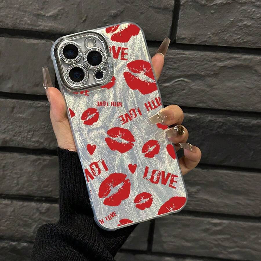 Estuche para teléfono 1PC Rojo - Labios - Y - AMOR - Impreso fino - Hilo emplumado con orificios IMD Moda y estuche para teléfono 16/ 15/ 14/ 13/ 12/ 11 Pro Promax Plus / X / Xsmax Estuche para teléfono S Son ambos hombres - Blanco - Ver 1