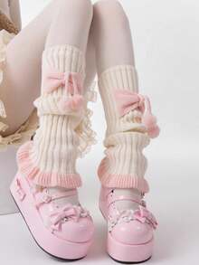 1双女士时尚腿套，Y2K风格麻花针织蝴蝶结绒球腿套，秋冬季舒适保暖 - 白色 - 查看 7