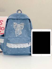 1 Nueva mochila de un solo hombro con diseño de lazo de unicolor y encaje, cierre de cremallera suave, elegante y casual, apta para uso diario, deportes al aire libre, viajes y escuela - A - Ver 7