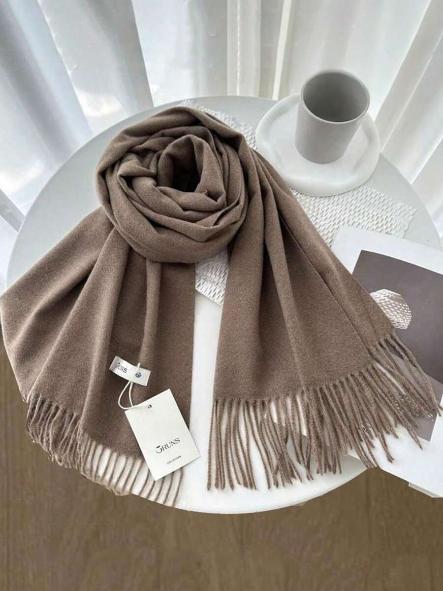 FADZOYLE 1pc Khaki Wool Women's Winter Scarf Silky Soft Pashmina Feel Shawls And Wraps For Wedding And Gift Evening Dresses Travel Office Large Solid Color Tassel Scarves - Mocha Brown - View 1