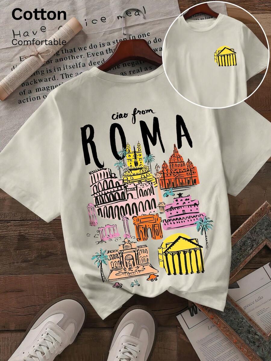 Tricou de damă din bumbac cu nervuri, stil universitar, primăvară-vară, sport nou pentru femei, tricou drapat la modă, moale și respirabil, cu mânecă scurtă, model colorat cu siluetă a arhitecturii emblematice a Romei, imprimat pe ambele părți