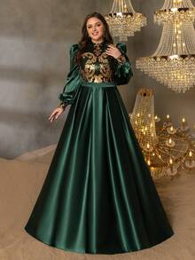 Faeriesty Curve Plus Satin A-Line Evening Gown With High Neckline, Puff Sleeves & Black-Gold Sequin Embroidery, Flowing Floor-Length Skirt | Luxurious Vintage-Inspired Formal Design | Perfect For Weddings, Evening Galas, Red-Carpet Events, And Formal Dinners​