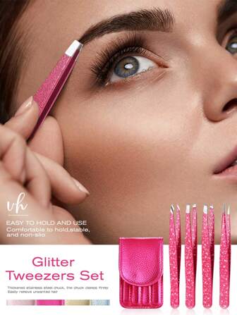 WEIHAO Set de 4 pinzas de cejas con brillo - Herramientas de acero inoxidable de precisión para dar forma a las cejas, eliminar vello encarnado, astillas, vello facial y extensiones de pestañas