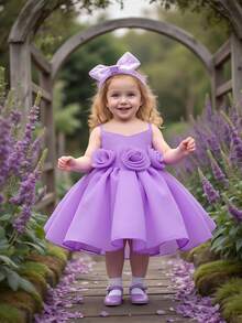 女婴优雅连衣裙，纯色3D立体花卉缎面网纱面料，适合外出、户外、生日派对等场合，附赠发带 - 紫色 - 查看 4