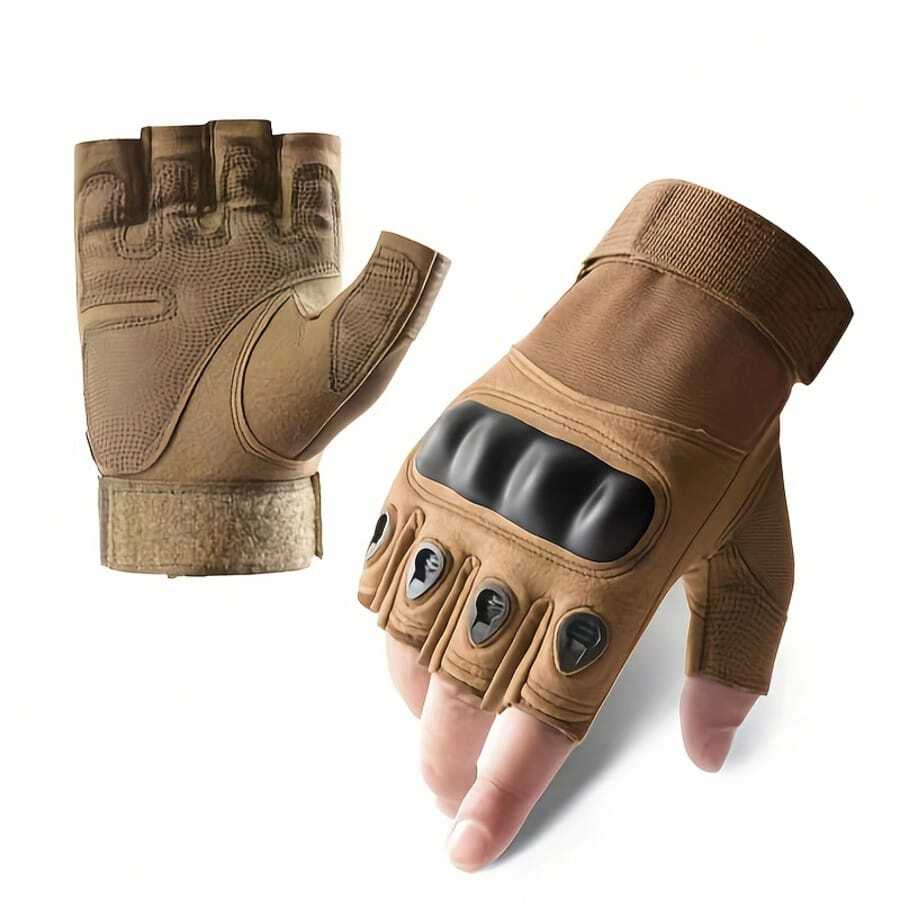1 Pair Fingerless Shell Gloves For Motorcycle, Outdoor, Cycling - Khaki - View 1