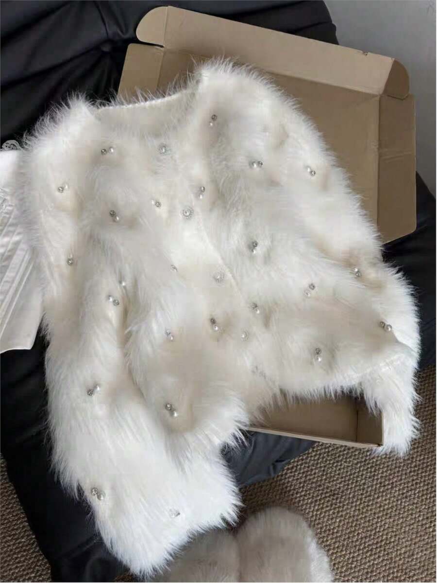 女士柔软仿貂绒毛外套 秋冬万圣节/圣诞节毛绒针织开衫 甜美长袖外套 - 白色 - 查看 1