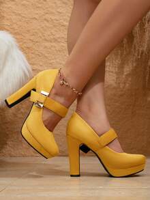 Ladies' Elegant Thick Heel High Heels, Elegant Solid Color Mary Jane Shoulder Strap Casual Shoes, Comfortable Office Shoes - 黃色 - 查看 5