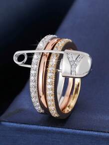 1 pezzo Anello da donna unico con design a 3 anelli e un singolo ago, decorato con zirconia cubica