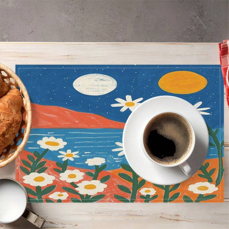 1/2/4/6 Set, Simple And Creative Watercolor Style Patterns, Bright Colors, Fashion, Minimalism, Linen Table Mat, Dining Table Decoration, Creative Printing, Washable Table Mat, Practical And Warm Desktop Decoration, Essential For Home And Kitchen, Suitable For Family Gatherings, Holiday Decoration, And Room Decoration.