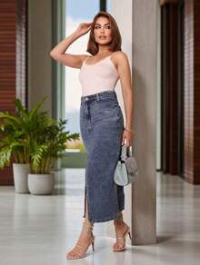 Saia jeans modelo fenda cintura alta tecido esbranquiçados nova 2025