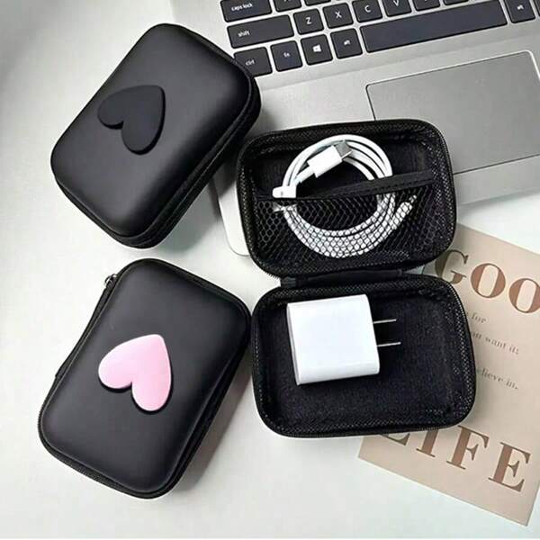 1pc Heart Shape Leather Pouch For Earphone And Charger, With Zipper Closure - Drop Resistant Design, Cable Organizer, No Battery Required
