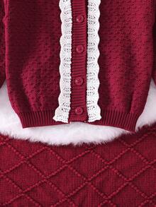 女婴优雅荷叶边开衫，酒红色长袖纽扣毛衣，适合生日派对、婚礼、周年纪念、秋冬季日常穿着 - 酒紅色 - 查看 4