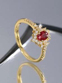Elegant CZ Women's Gold Ring, Pomegranate Red Cubic Zirconia Jewelry Suitable For Wedding, Engagement, Holiday Gifts
