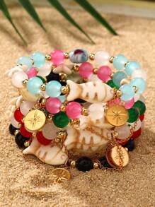 1 Set New Bohemian Glass Beads, Starfish & Small Fish Chain Bracelet (Random Color)