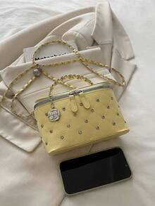 批发女士2025新款时尚水钻花朵吊坠化妆盒迷你口红单肩包斜挎包