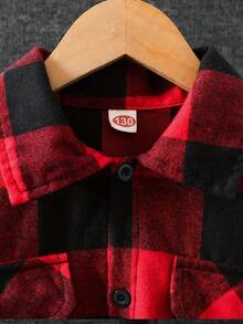 男童格子衬衫，经典翻领长袖格子衬衫，春夏季时尚 - 紅色 - 查看 4