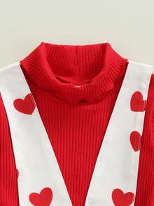 2 Pcs Infant Valentines Day Outfits, Girls Ribbed Long Sleeve High Collar Pullover + Love Print Suspender Skirt - Rojo - Ver 5
