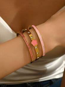 3pcs Fashion 18K Gold Plated Stainless Steel Four-Leaf Clover Nail Bracelet, Suitable For Women's Party, Daily Wear, European And American Style, Personalized, Generous, Luxury Cubic Zirconia Wristband, Wedding Jewelry Set, Gift For Girls, Women, Relatives, Friends, Beautiful Wedding, Birthday, Valentine's Day, Mom, Mother, Mother's Day, Gift