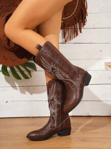 Fall/Winter Women's Cowgirl Boots With Block Heel, Pointed Toe And Embroidery, Western Style Leather Shaft Mid-Calf Pull-On Boots,Cowboy Boots - Coffee Brown - View 5