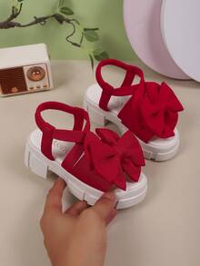 1 Pair Girls' Fashion High Heel Sandals, Criss-Cross Bow Design, Cute & Sweet Thick Sole Comfortable, Suitable For Girls Outdoor Casual, Travel, Beach - Red - View 7