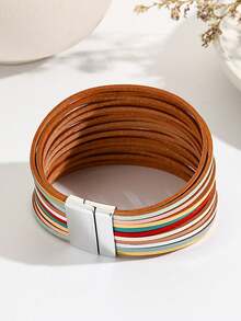 1pc Retro-Style Zinc Alloy & PU Leather Multi-Color Bracelet For Women, Fashionable For Work Commute - Color - View 2
