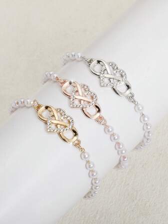 1pc Fashionable High-End Elegant Metal Rhinestone Heart & Infinity Symbol Faux Pearl Chain Bracelet, Suitable For Women's Daily Wear, Great Gift For Thanksgiving, Valentine's Day, Friends