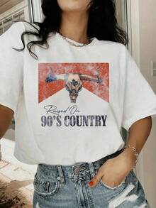 90s Retro Country Music Bull Skull Western Style Women's T-Shirt, Casual Outerwear, Casual Wear, Teacher, Back To School Season, School Uniform, Back To School, Halloween Costume - White - View 3