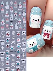 2 件圣诞节 5D 浮雕指甲贴纸冬季图案雪人雪花帽子北极熊美甲贴花自粘贴纸美甲用品礼物女士女孩节日 - 彩色 - 查看 2