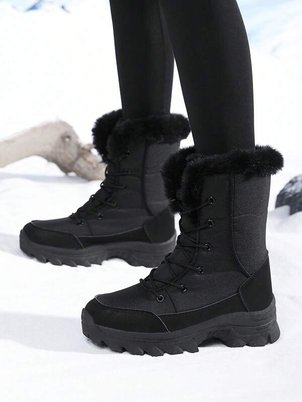 Women's Snow Boots, Winter Plush Thickened Warm Outdoor Sports Boots, High-Top Mid-Calf Boots, Fashion Tall Boots, Outdoor Skiing Boots, Loose Lace-Up Boots