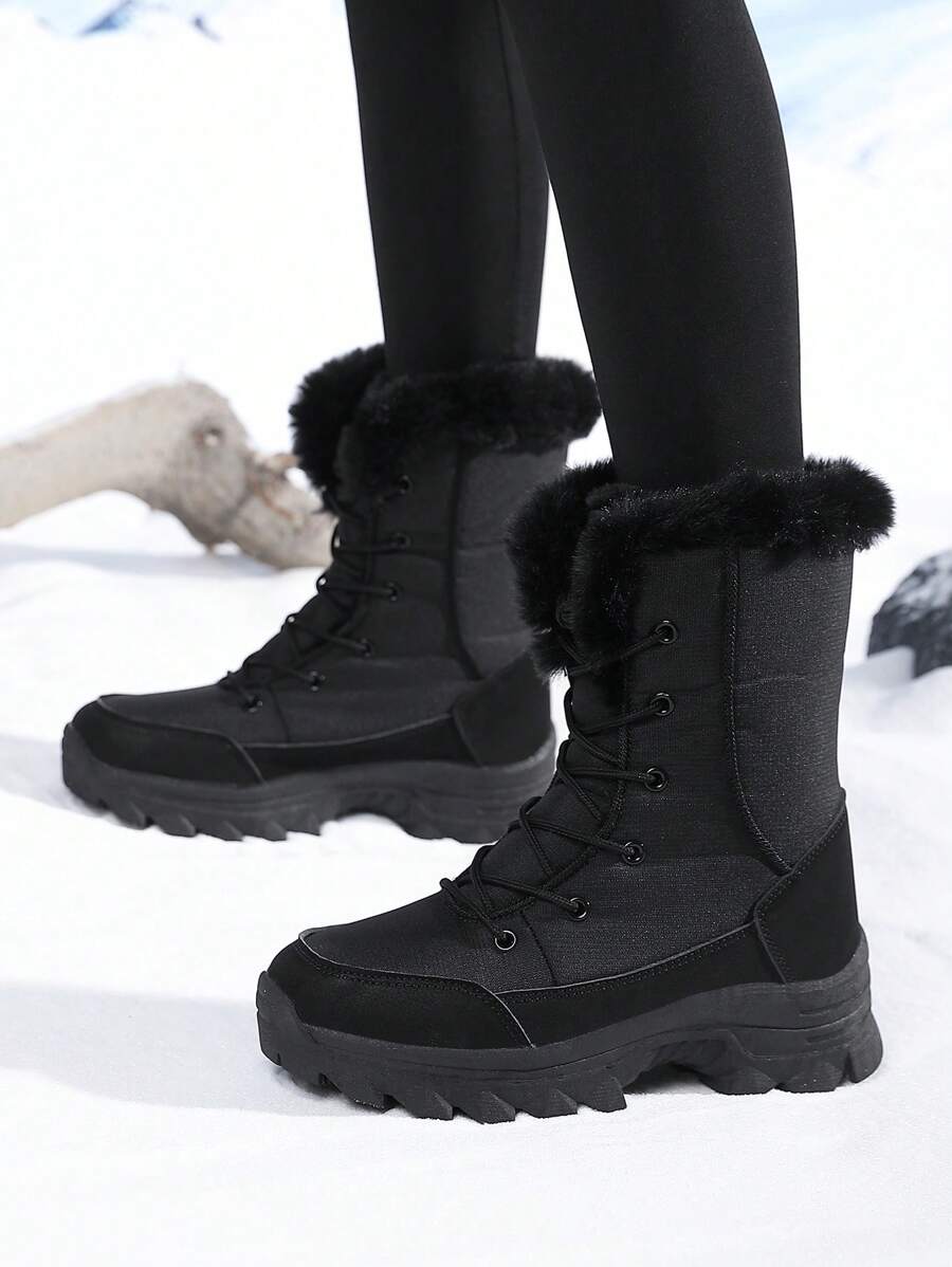 Botas de Neve Femininas, Botas Esportivas Externas Grossas e Quentes com Forração de Inverno, Botas Altas até a Panturrilha, Botas Altas da Moda, Botas para Esqui Exterior, Botas de Cadarço Folgado