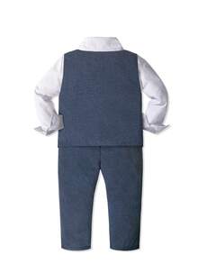 四件套男童修身正装套装,包括白衬衫、纯色马甲、领结和西裤,时尚优雅的男童绅士装束,适合婚礼、节日和选美比赛等场合。 - 寶藍色 - 查看 4