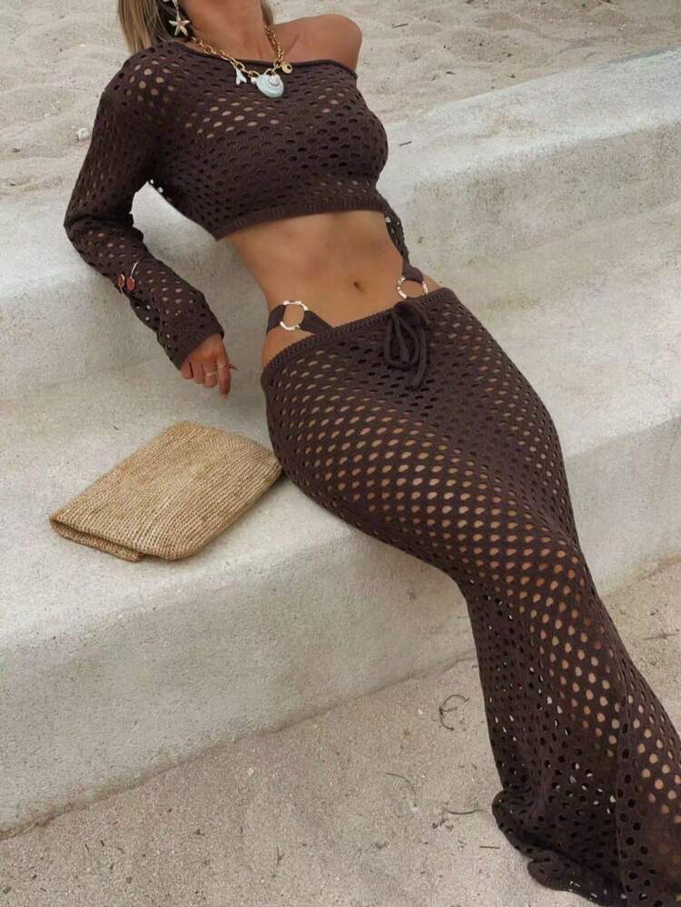 Neuer modischer Frühlings-/Sommer-Damen-2-Teiler, elegantes Damenkleid, Outdoor-Anzug, Strandkleid-Set, Langarm-2-Teiler mit Hohlmuster - Braun - Übersicht 1