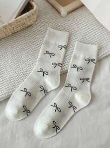 5 أزواج (شحن عشوائي) جوارب نسائية عصرية ، جوارب متوسطة الساق مع زخرفة فيونكة رقيقة ، متعدد الاستخدامات لجميع المواسم