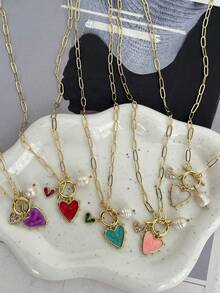 1 Piece Women's Heart Necklace, Copper Drip Oil Heart Hollow Out Lucky Straw Circle Clasp Necklace, Gold Heart Pendant Necklace, Chunky Faux Gold Chain, Birthday Gift Holiday Gift (Hand-Cut, Four-Leaf Clover Colors And Zirconia Are Randomly Selected. Pendant Can Be DIY ) - Multicolor - View 7