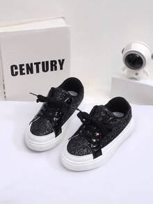 1 Pair Girls Sparkly Sequins Decorated Shoelace Design Sneakers, Fashion Comfortable Anti-Slip Durable Lightweight Running Shoes, Suitable For Daily Wear And Stage Performance - Black - View 4