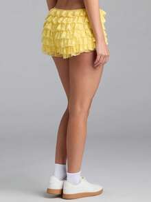 Women's Layered Lace Shorts Casual Stylish Solid Elastic Low Rise Shorts For Spring/Summer - 黃色 - 查看 7
