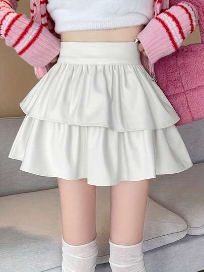 PU 皮革褶皱高腰裙，修身 A 字短喇叭裙，适合娇小女性