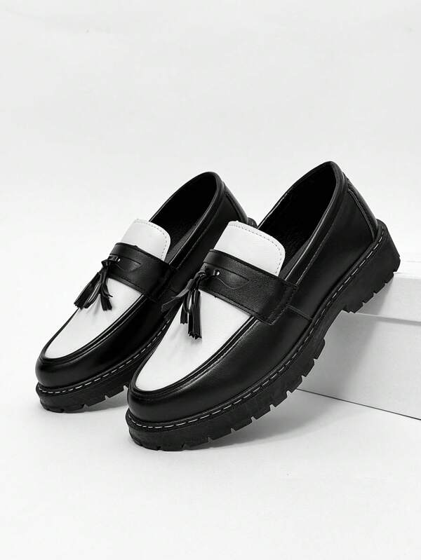 Men's Casual Thick Sole Slip-On Uniform Loafers, Solid Black Color, Durable Student Boat Shoes, Business Formal Oxfords With Tassels, Lightweight Comfort Work Shoes