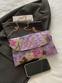 亮片刺绣花卉信封包，女士时尚亮片拼布手拿包，派对晚宴包，随机剪裁，适合女性，适合派对、婚礼、舞会，非常适合派对、婚礼、舞会晚宴/宴会，搭配节日派对礼服、晚礼服和亮片礼服。 - 紫色 - 查看 5