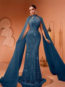 新款奢华时尚亮片蕾丝拼接雪纺喇叭袖圆领女士优雅正式晚礼服，适合派对、婚礼、宴会等场合（尺码偏大，建议顾客下单时参考尺码表），也适合情人节和春季穿着。 - 海藍色 - 查看 2