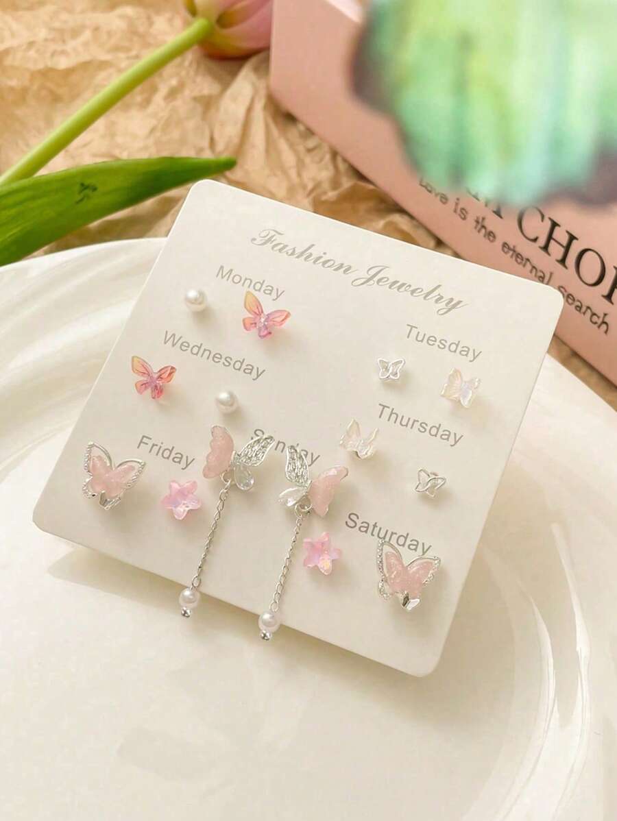 1 Set Of 7 Pairs Valentine's Day Gifts For Girlfriend Graceful Butterfly Tassel Earring Set, Elegant & Versatile Ear Drops For Women's Daily Wear And Holiday Gift,Mom,Mother,Mother's Day,Gift