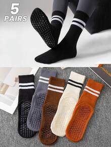 1/5/10双/包 女款随机春秋款双条马卡龙色脚底硅胶带抓地力适合室内瑜伽普拉提拉力健身舞蹈搭配瑜伽裤运动服中筒袜