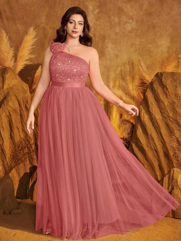 Vestido largo elegante de fiesta formal con un hombro, cuello asimétrico con rosa 3D, encaje floral con lentejuelas y contraste de malla en el bajo, para fiesta, graduación, cena, boda o evento