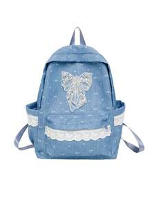 1 Nueva mochila de un solo hombro con diseño de lazo de unicolor y encaje, cierre de cremallera suave, elegante y casual, apta para uso diario, deportes al aire libre, viajes y escuela - A - Ver 8