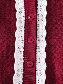 女婴优雅荷叶边开衫，酒红色长袖纽扣毛衣，适合生日派对、婚礼、周年纪念、秋冬季日常穿着 - 酒紅色 - 查看 5