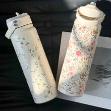 HILAKE 1 个 800 毫升花卉保温水瓶，带手柄和吸管 - 非常适合办公室补水、户外探险、简约旅行水壶、徒步旅行和露营 - 送给家人和朋友的理想礼物，返校季 - 彩色 - 查看 4