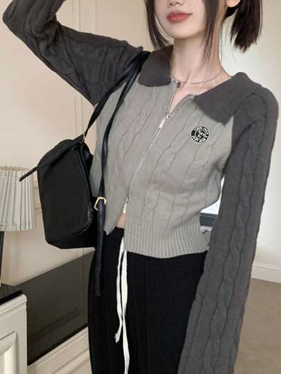 tonlion Tonlion Women's Letter Contrast Color Raglan Sleeve Zip Up Ribbed Cable Knit Cardigan