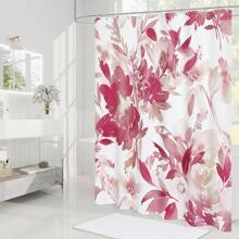 优质浴帘，蓝绿色水彩花卉浴帘，植物叶子与花朵浴帘，适合秋季装饰浴室装饰，白色现代布艺植物防水浴帘 - 粉色 - 查看 2