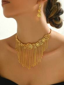 Set de 3 bucăți de colier și cercei cu ciucuri, placat cu aur, de epocă, cu design de flori goale, elegant pentru femei, potrivit pentru nunți și petreceri